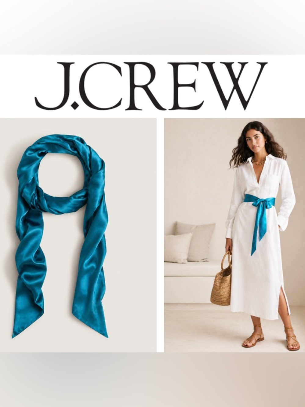 J Crew 100% Silk Skinny Width Scarf/Tie in Ocean (Teal/Turquoise)